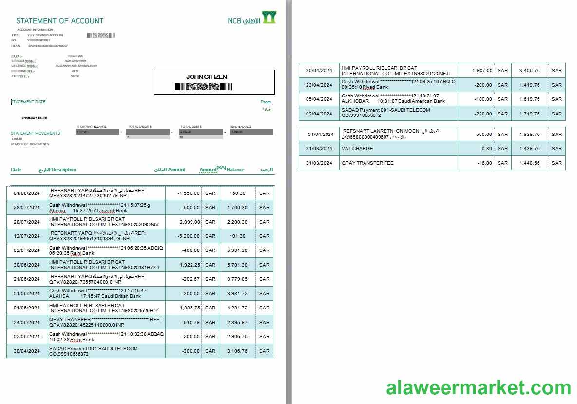 Saudi Arabia NCB Bank account statement, Word and PDF template, 2 pages
